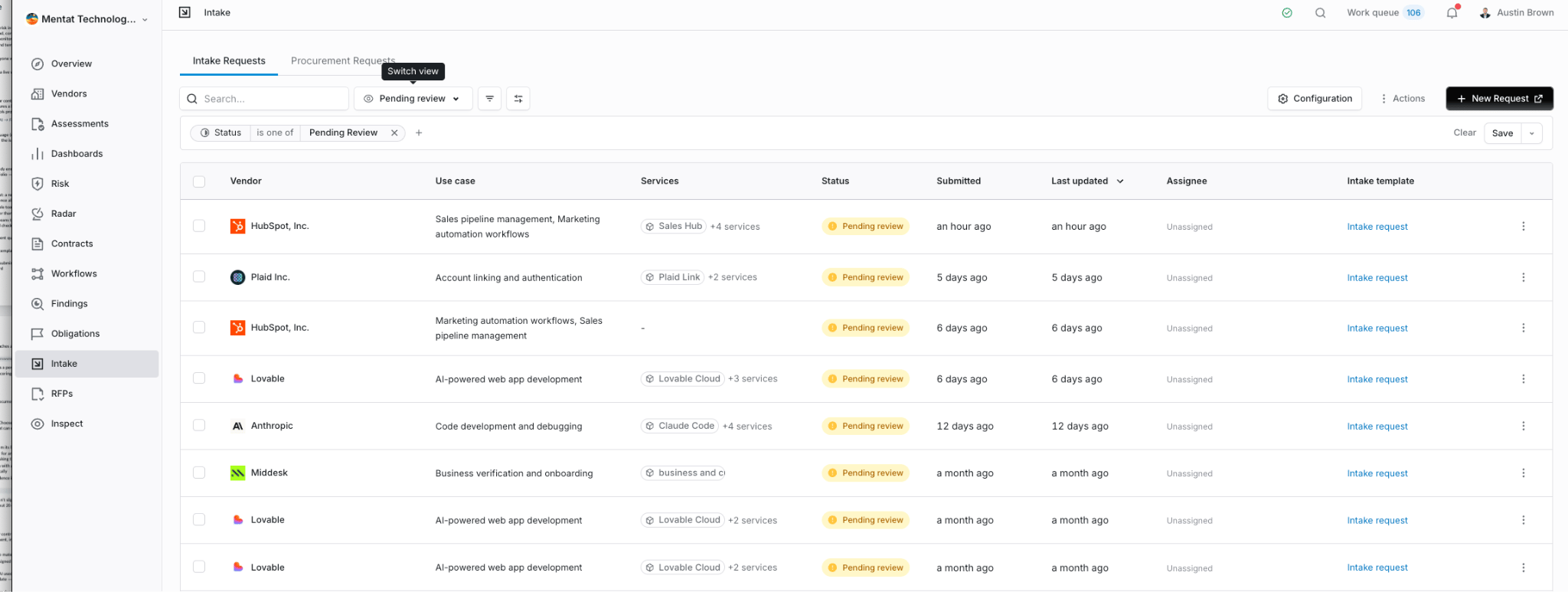 Intake queue of pending vendor requests