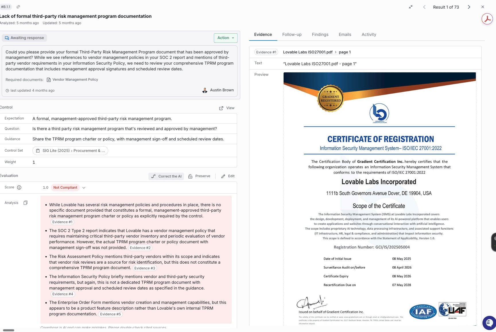 Issue detail view with cited evidence and source document