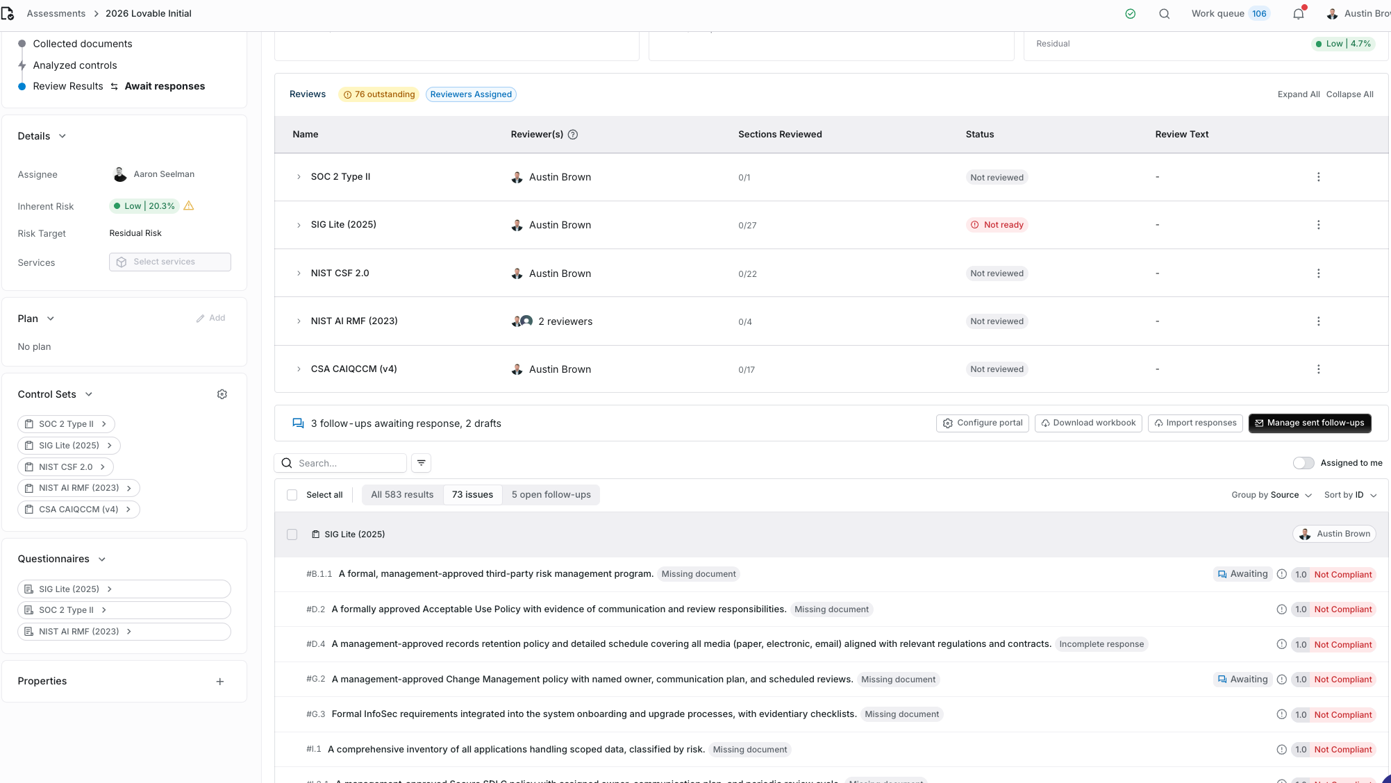 Assessment review results grouped by control set