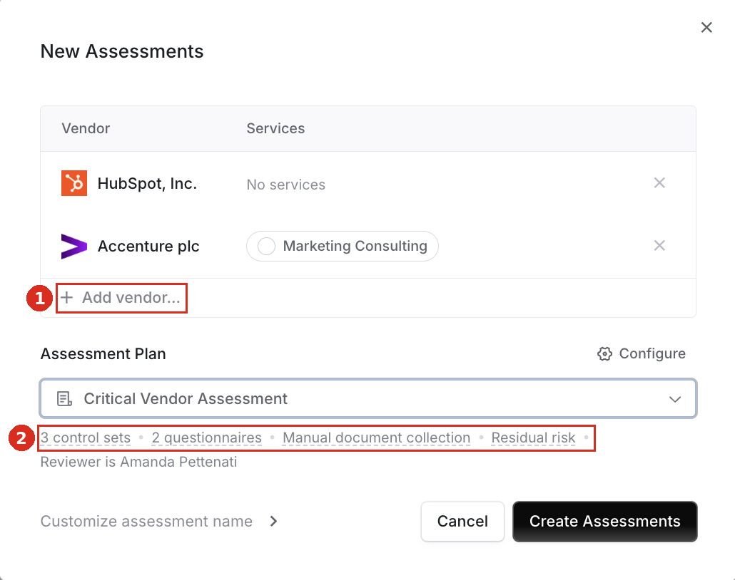 New assessment dialog with vendors added