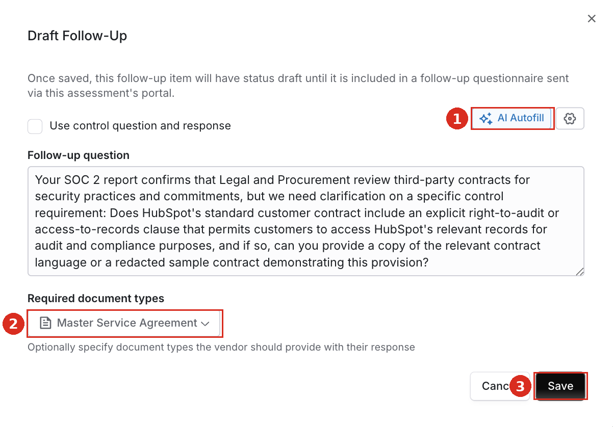 Draft follow-up dialog with AI autofill and required document types