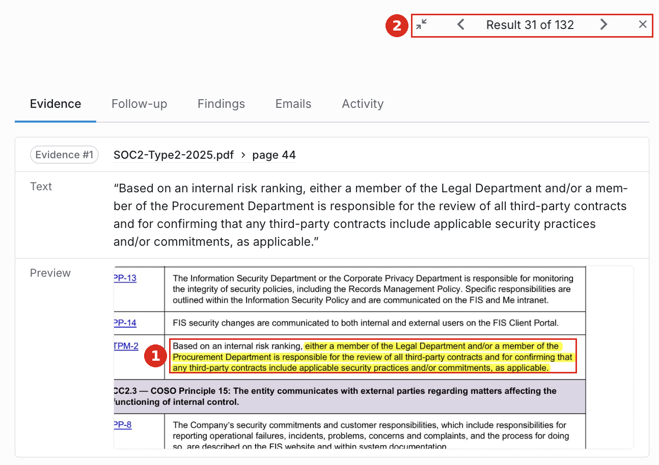 Evidence panel with the cited passage highlighted in the source document