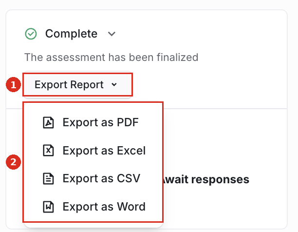 Export report menu with PDF, Excel, CSV, and Word formats