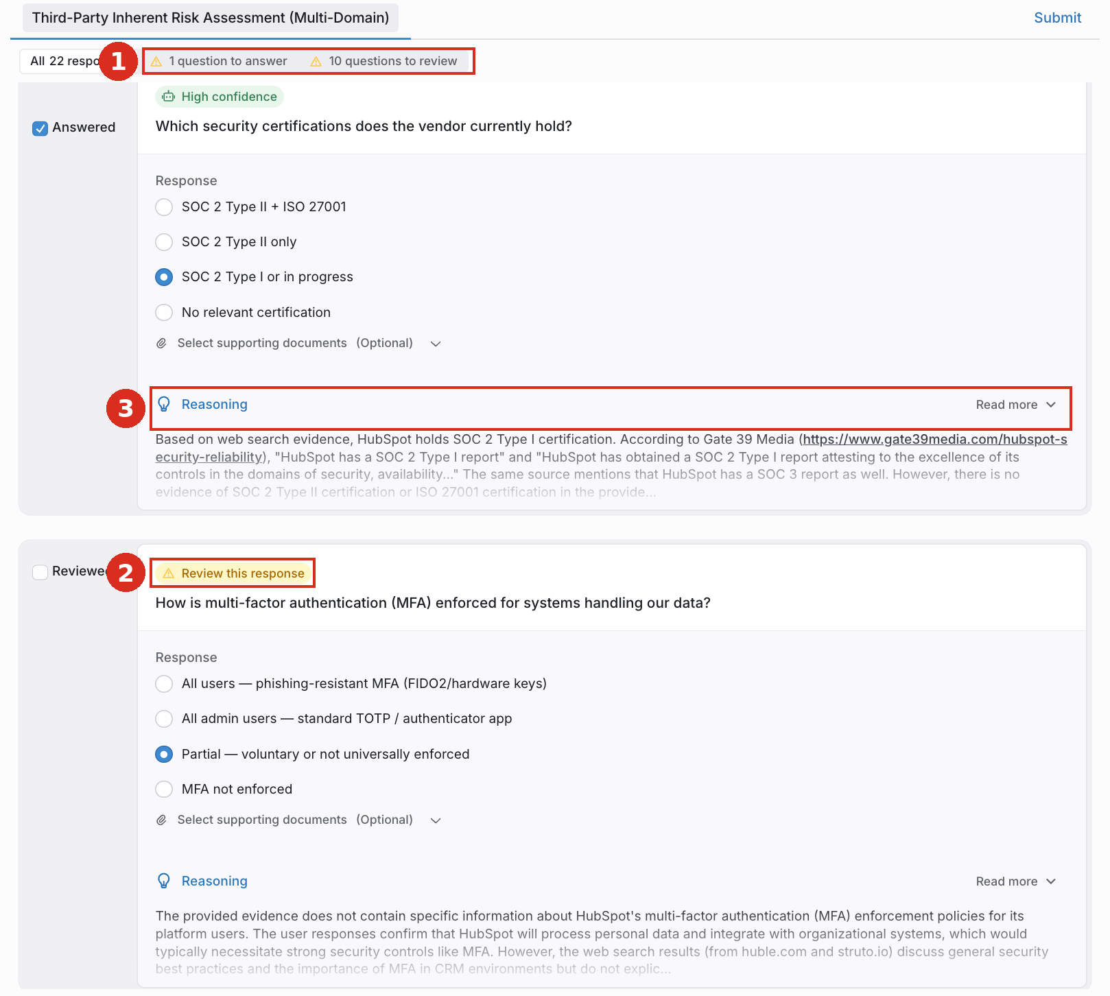 Autofilled inherent risk questionnaire with confidence badges and reasoning