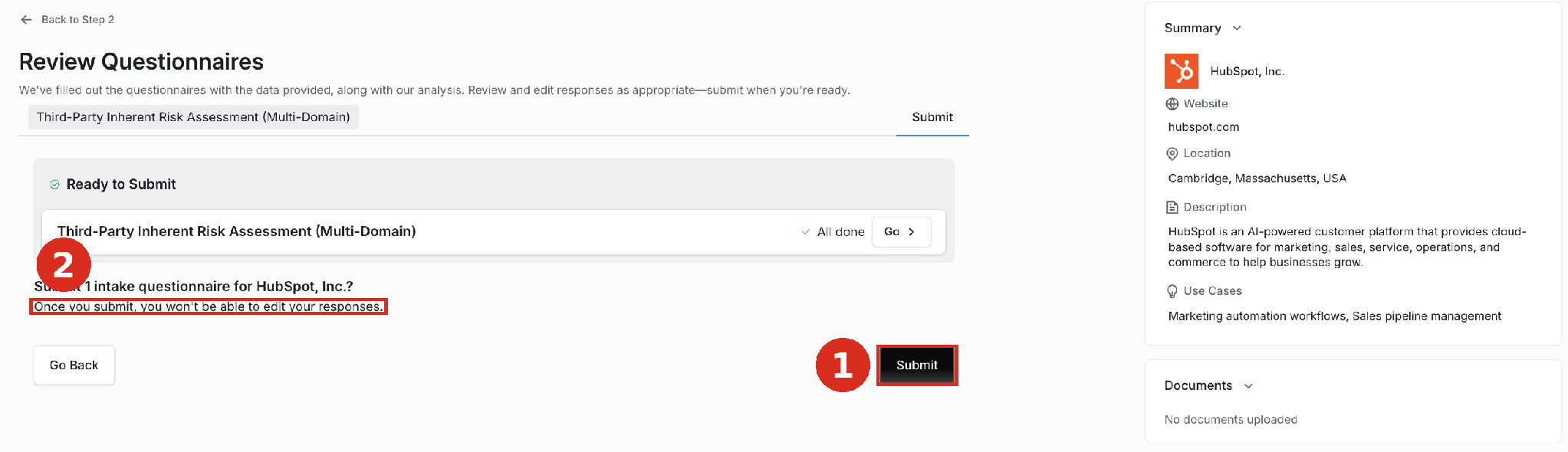 Ready to submit panel with vendor summary