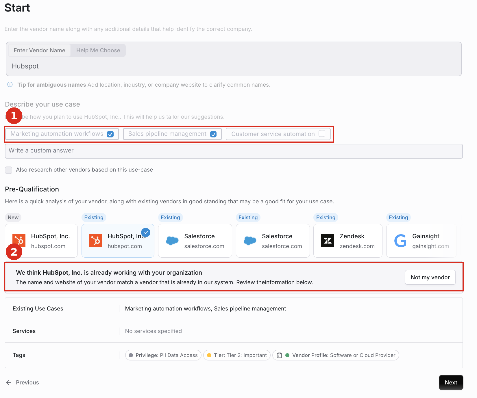 Intake step 1 with use case selection and pre-qualification results