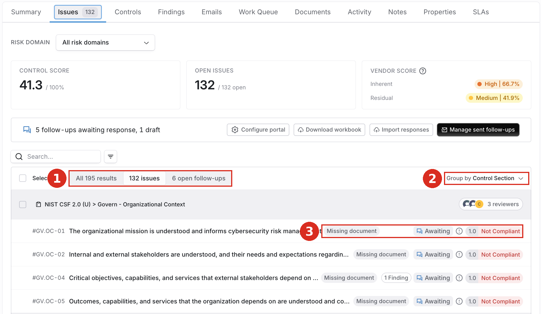 Issues tab with view toggles, grouping, and result rows