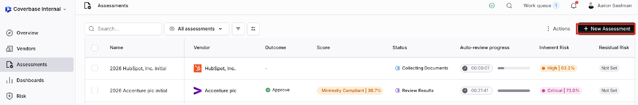 Assessments list with outcome, score, status, and risk columns