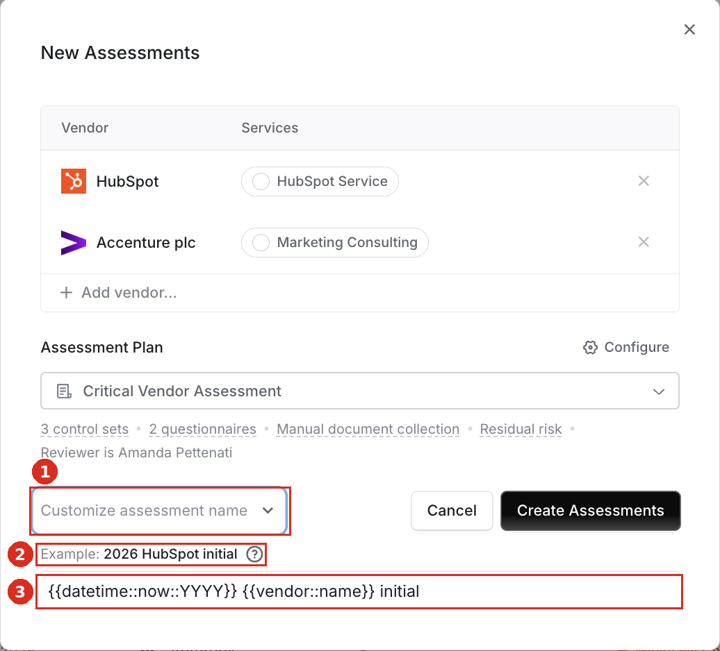 Customize assessment name with template and live example