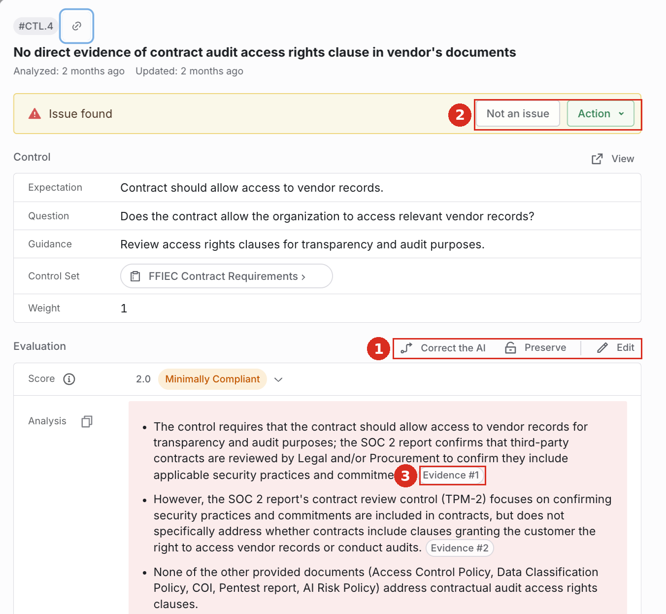 Individual control result with expectation, guidance, and cited evaluation