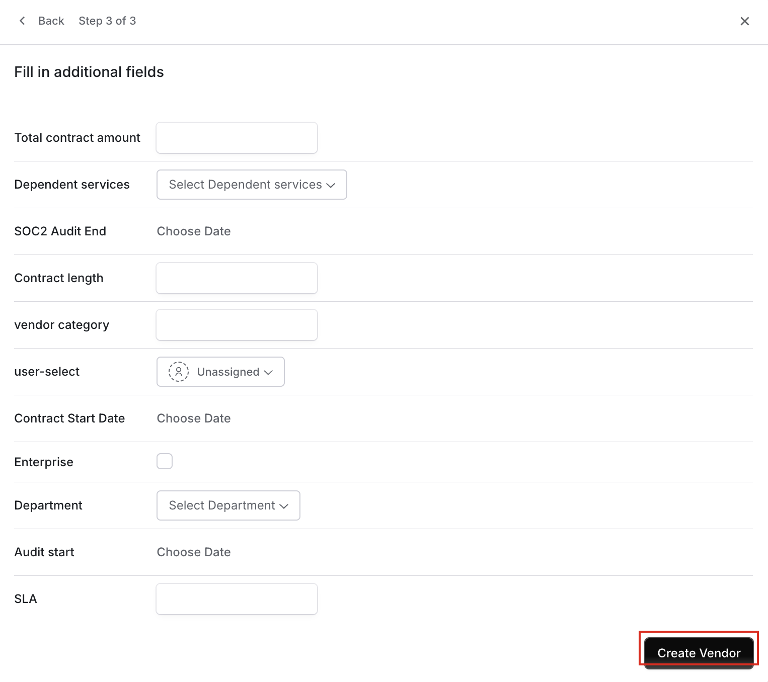 Custom fields step of the new vendor wizard