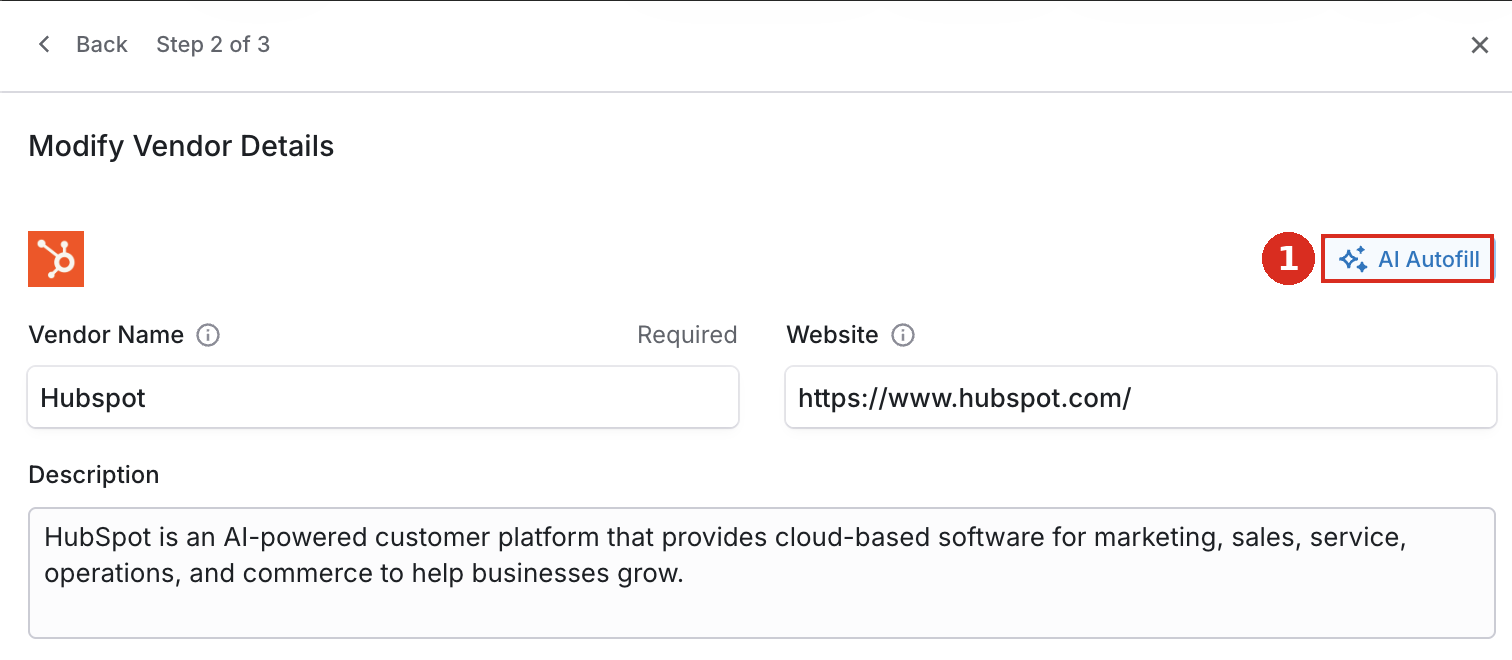 Modify vendor details step with AI autofill