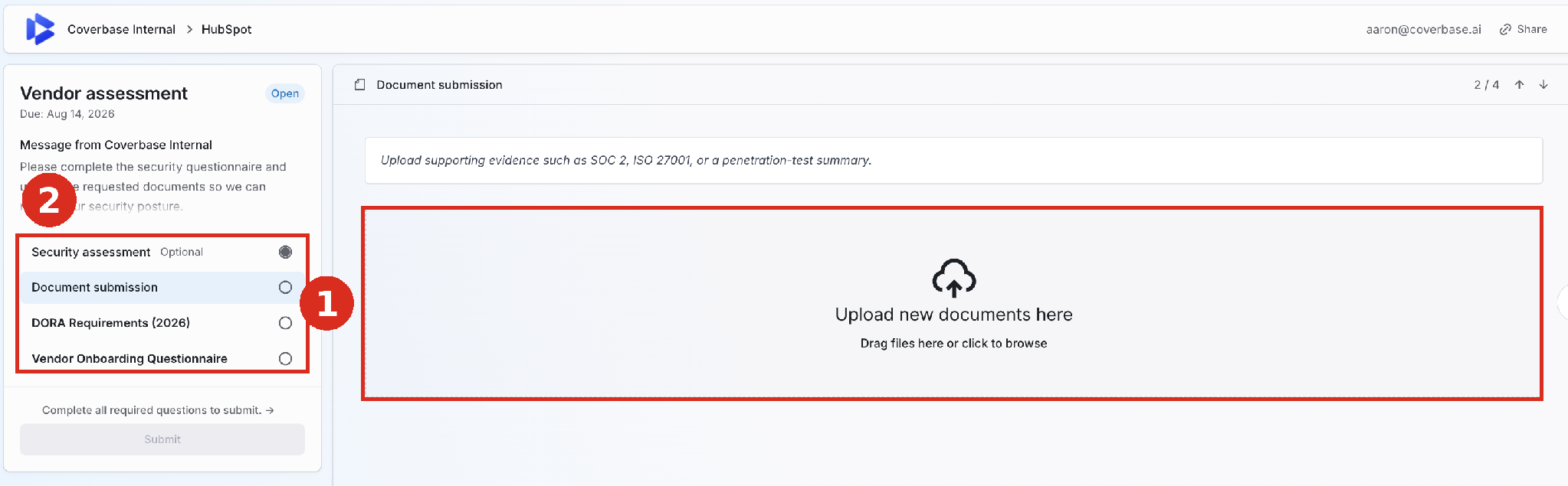 Vendor-facing assessment portal with upload area and required sections