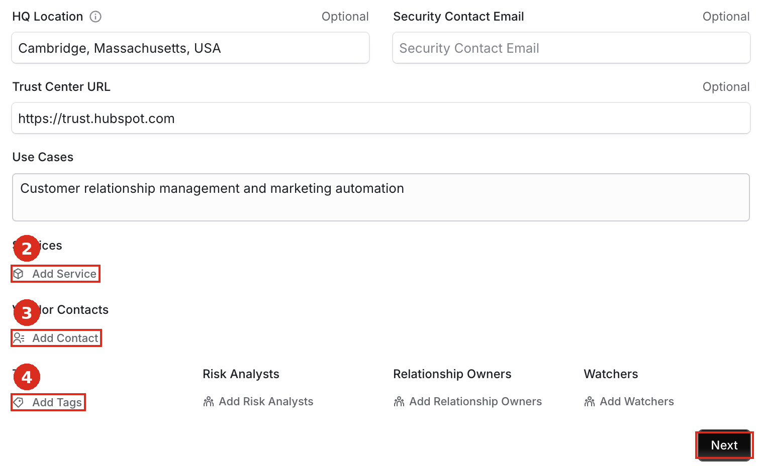 Adding services, contacts, and tags to the vendor record