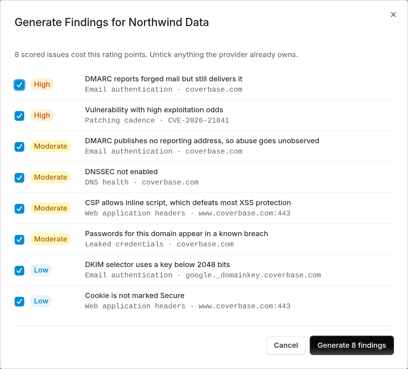 A dialog titled Generate Findings for Northwind Data listing eight scored issues with severity badges, each with a checkbox, and a Generate 8 findings button.