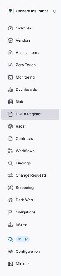 Left navigation with DORA Register selected between Risk and Radar