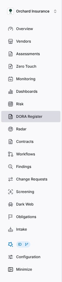 Left navigation with DORA Register selected between Risk and Radar