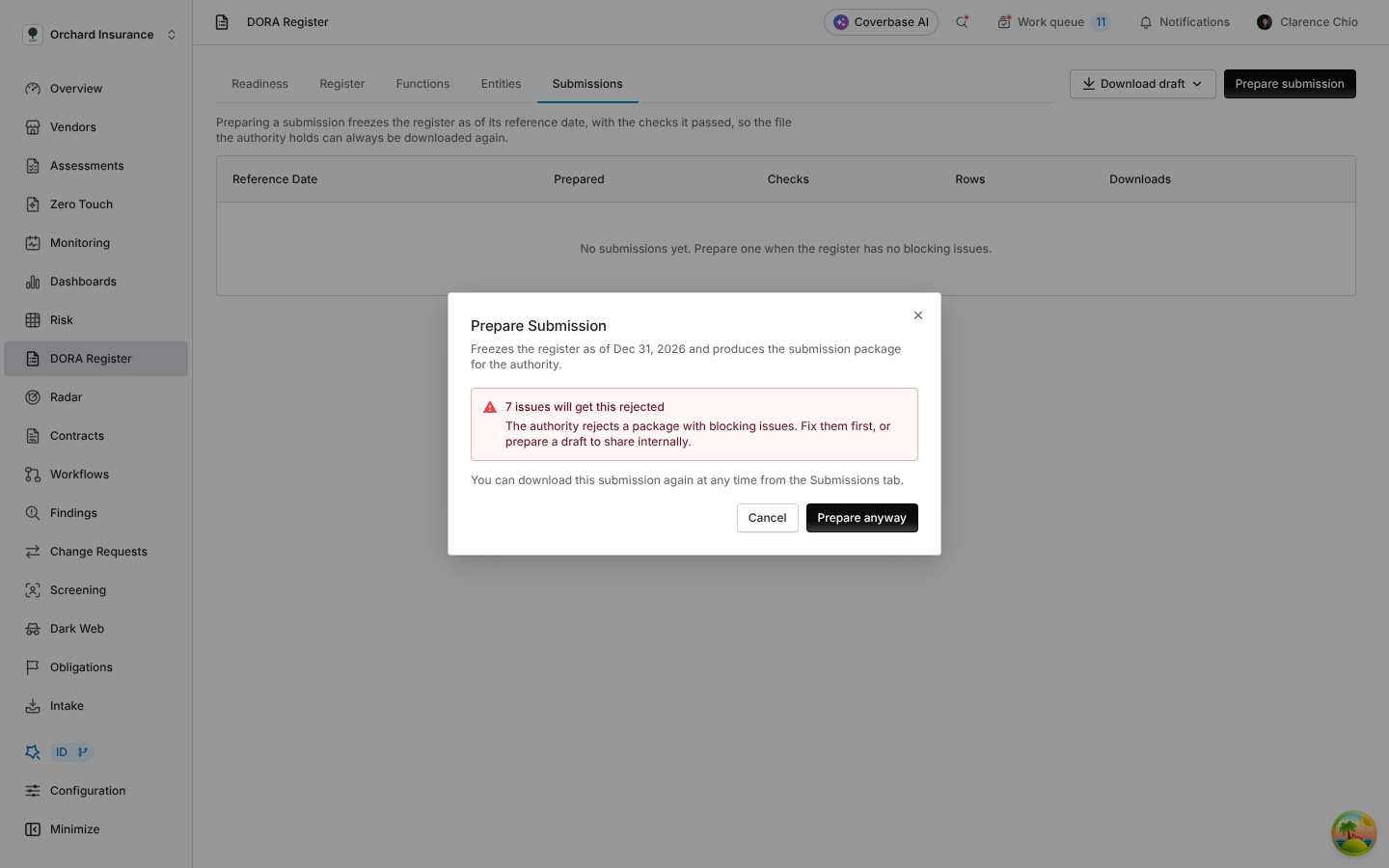 Prepare Submission dialog warning that seven issues will get the package rejected, with Cancel and Prepare anyway buttons