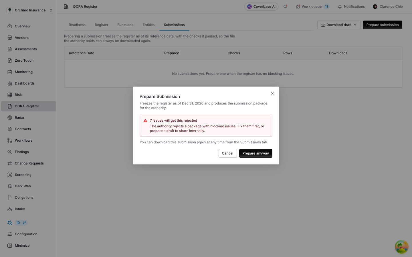 Prepare Submission dialog warning that seven issues will get the package rejected, with Cancel and Prepare anyway buttons