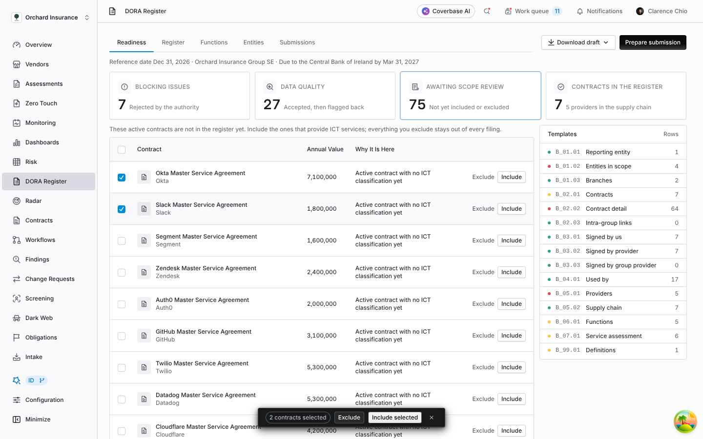 Scope review table with two contracts ticked and a floating bar offering Exclude and Include selected