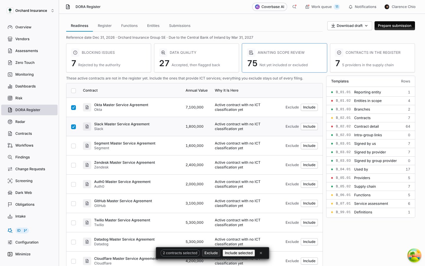 Scope review table with two contracts ticked and a floating bar offering Exclude and Include selected