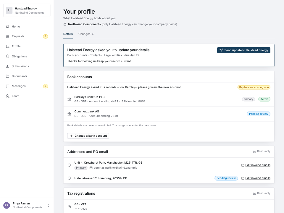 The supplier portal profile page with an update request banner and a note from the customer on the bank accounts section.