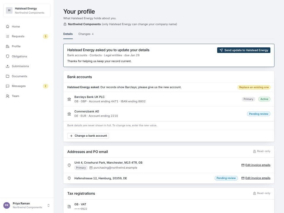 The supplier portal profile page with an update request banner and a note from the customer on the bank accounts section.