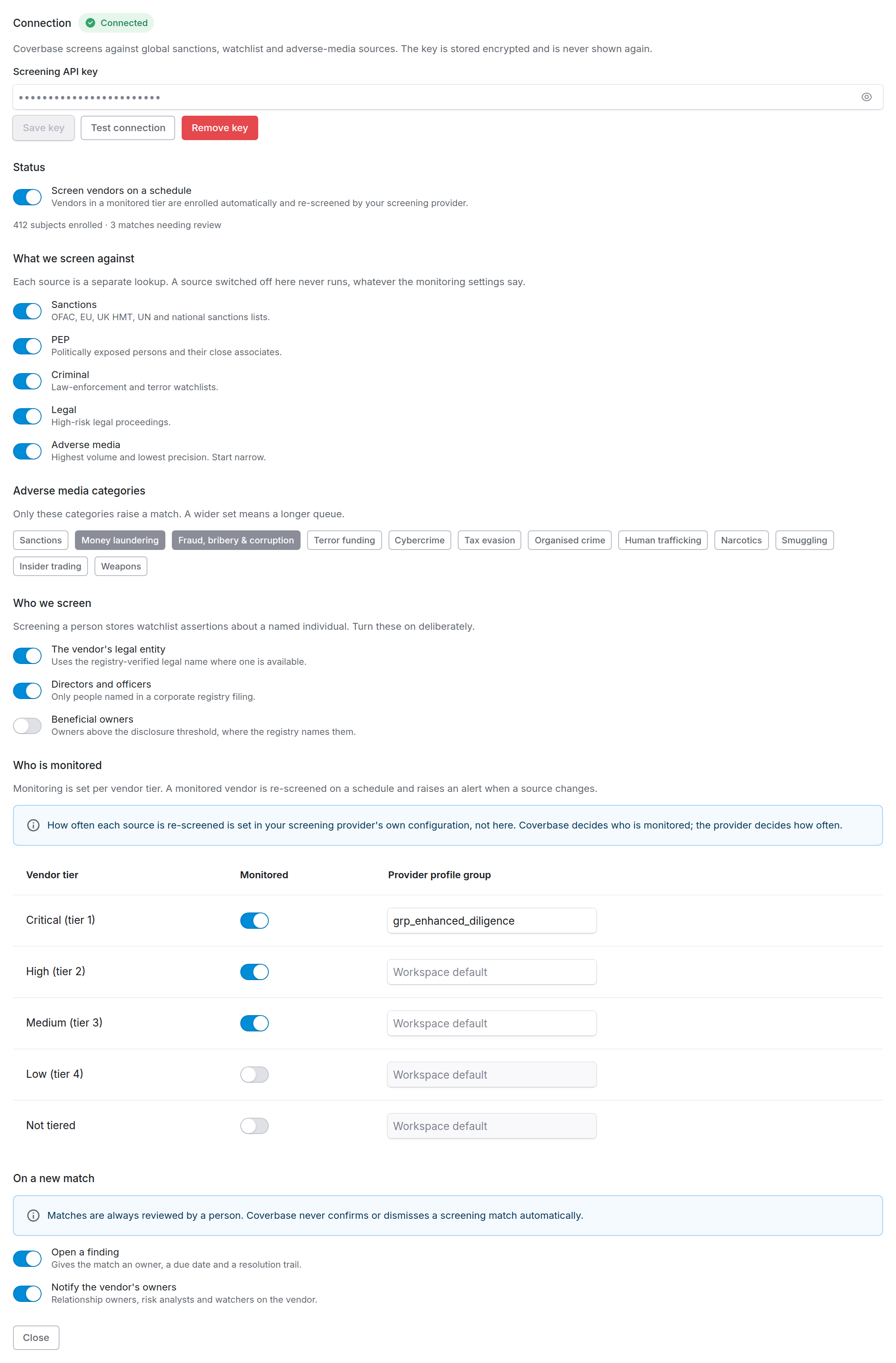 The screening settings page showing the connection status, source toggles, adverse media categories, subject selection, and the monitoring table by vendor tier.