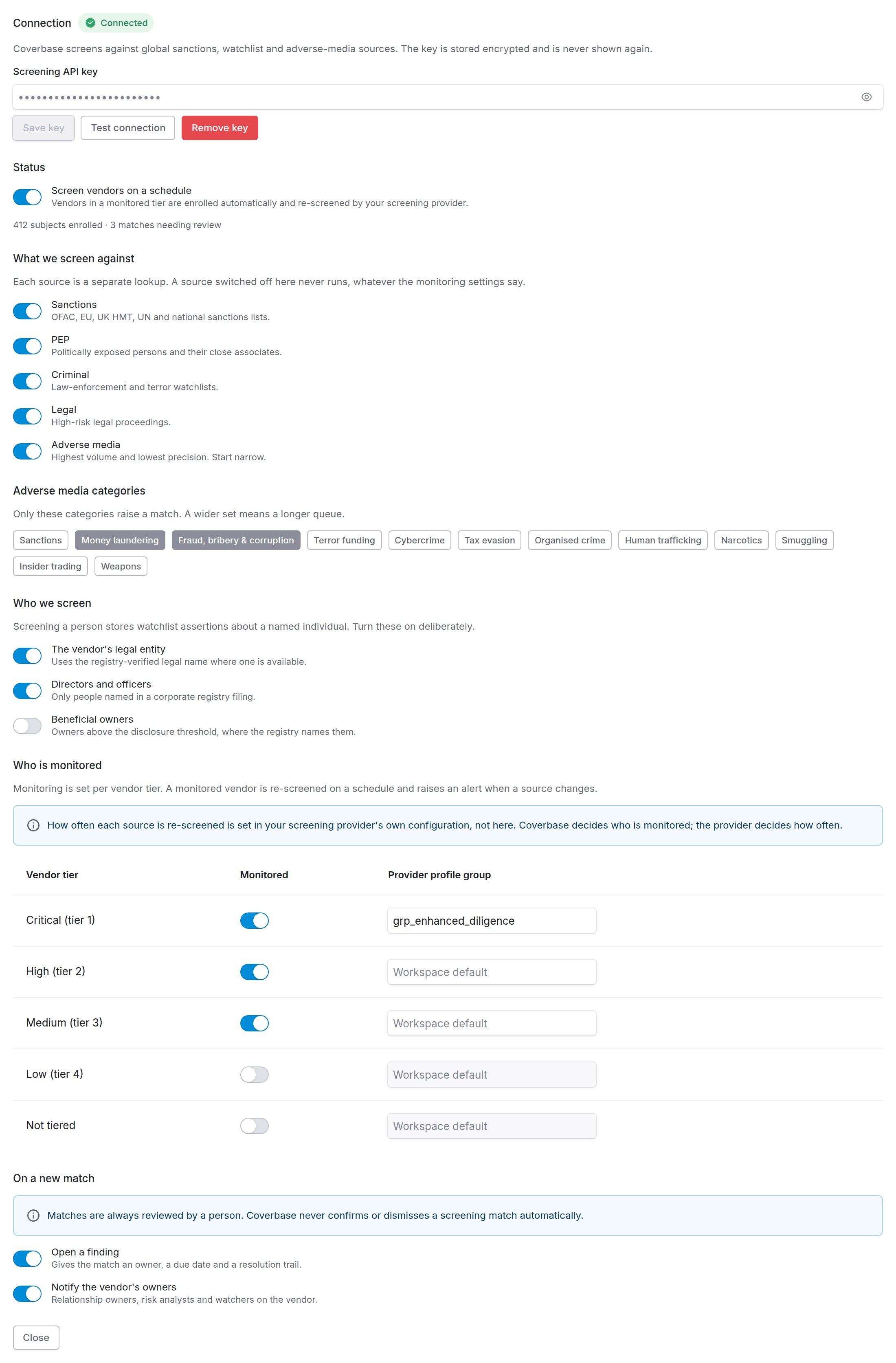 The screening settings page showing the connection status, source toggles, adverse media categories, subject selection, and the monitoring table by vendor tier.
