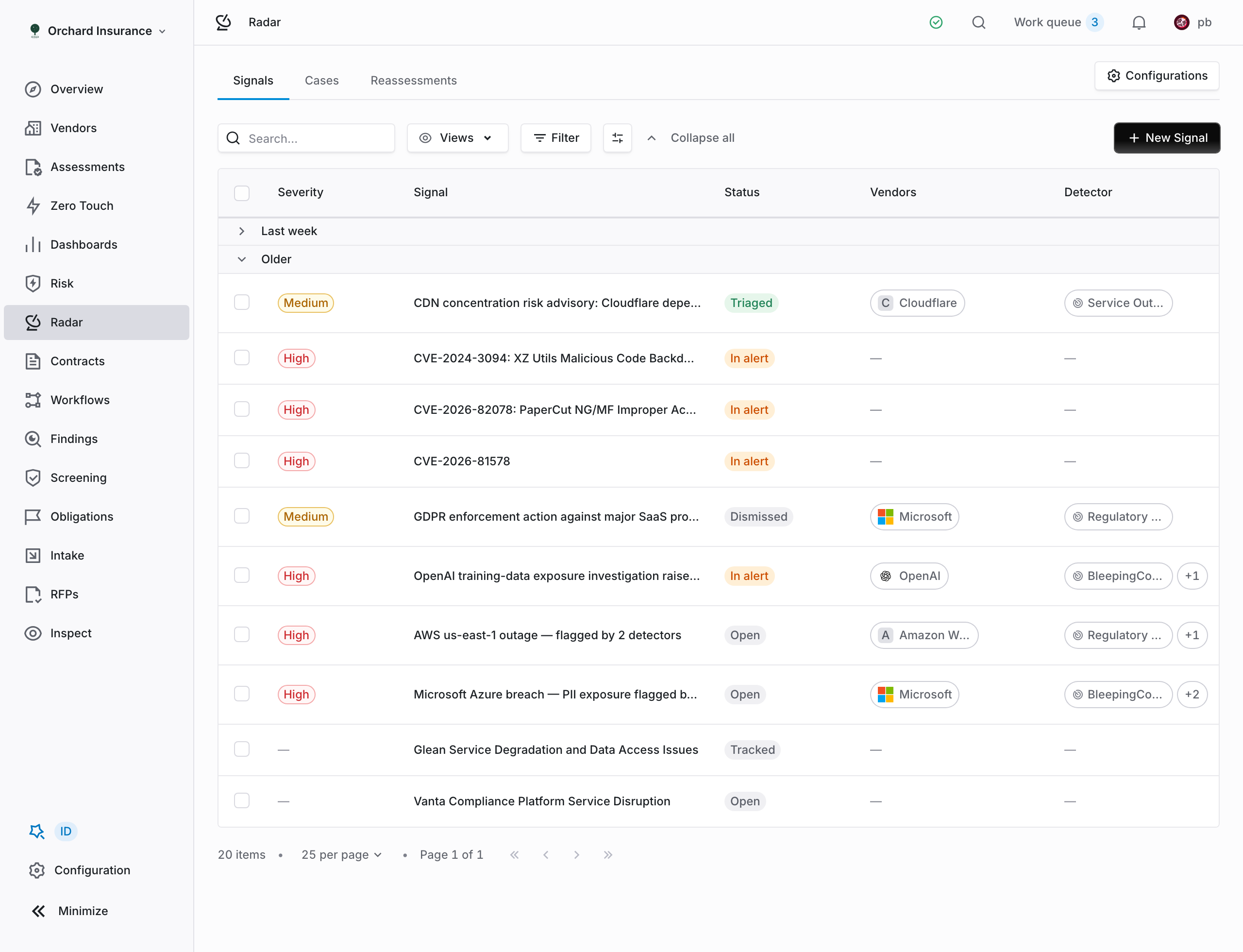 Radar Signals tab listing signals with status, severity, vendors, and detectors