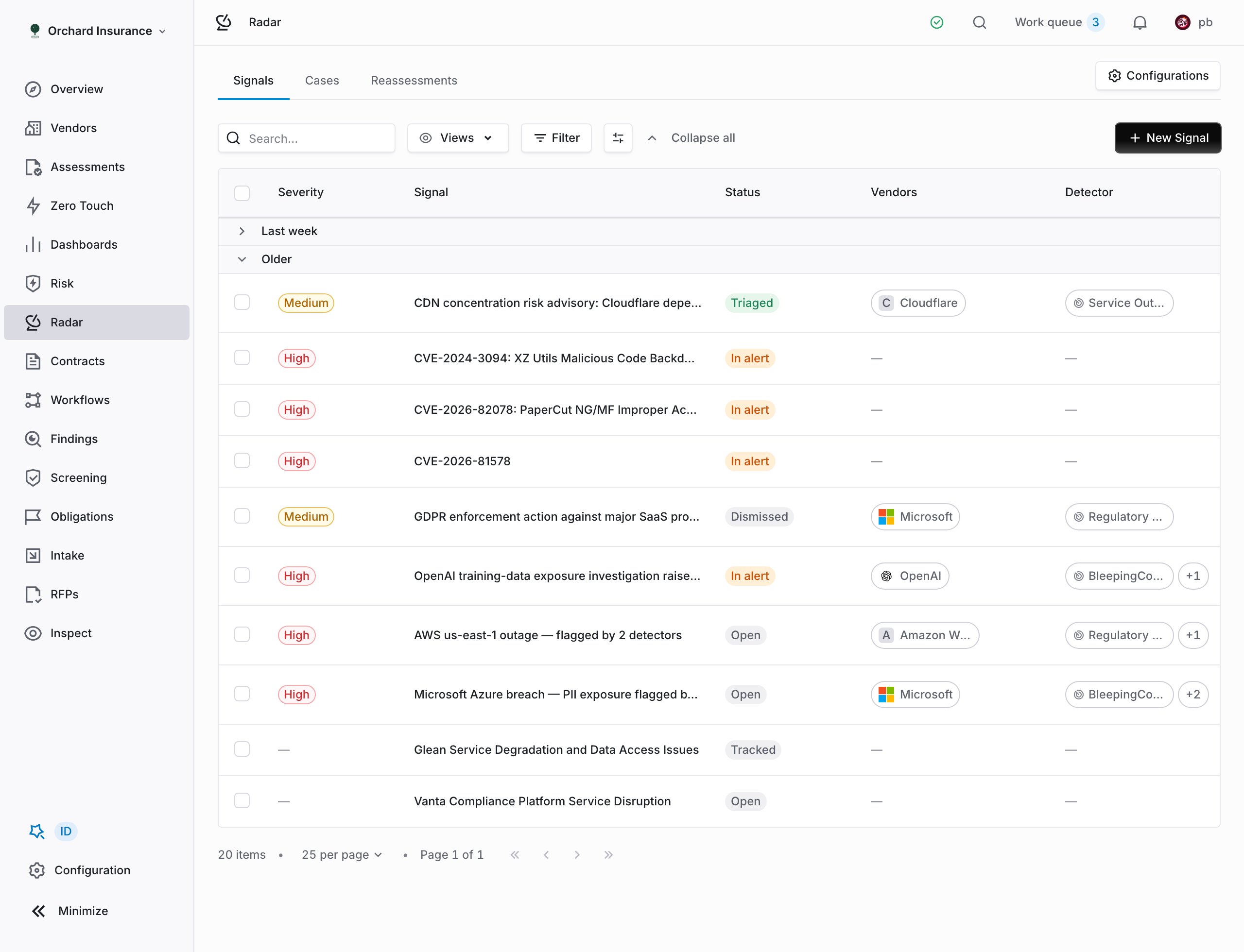 Radar Signals tab listing signals with status, severity, vendors, and detectors