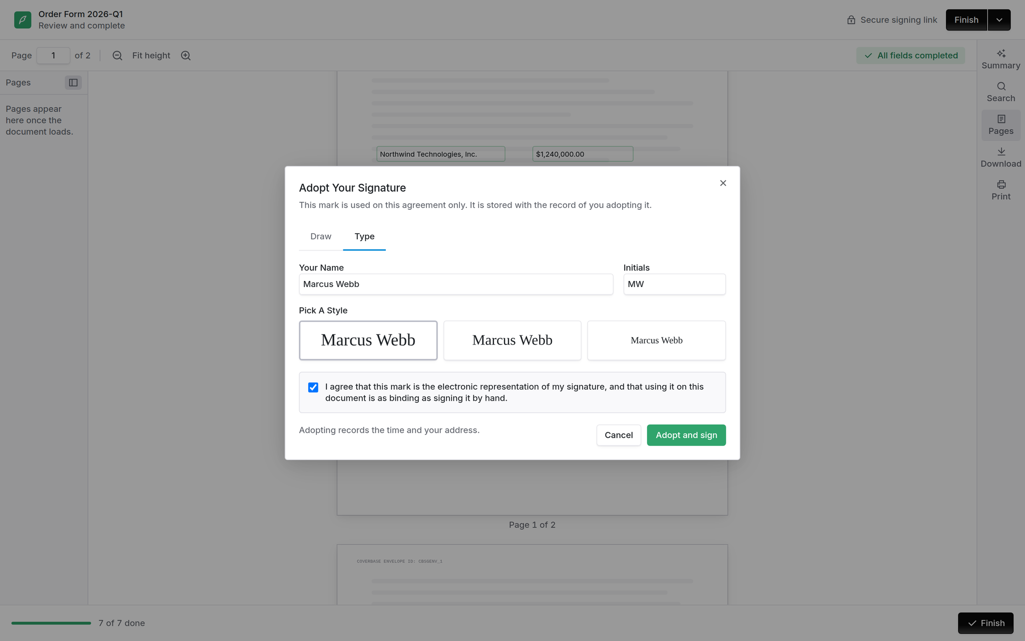 Adopt Your Signature dialog with draw and type tabs, name and initials fields, and a style picker