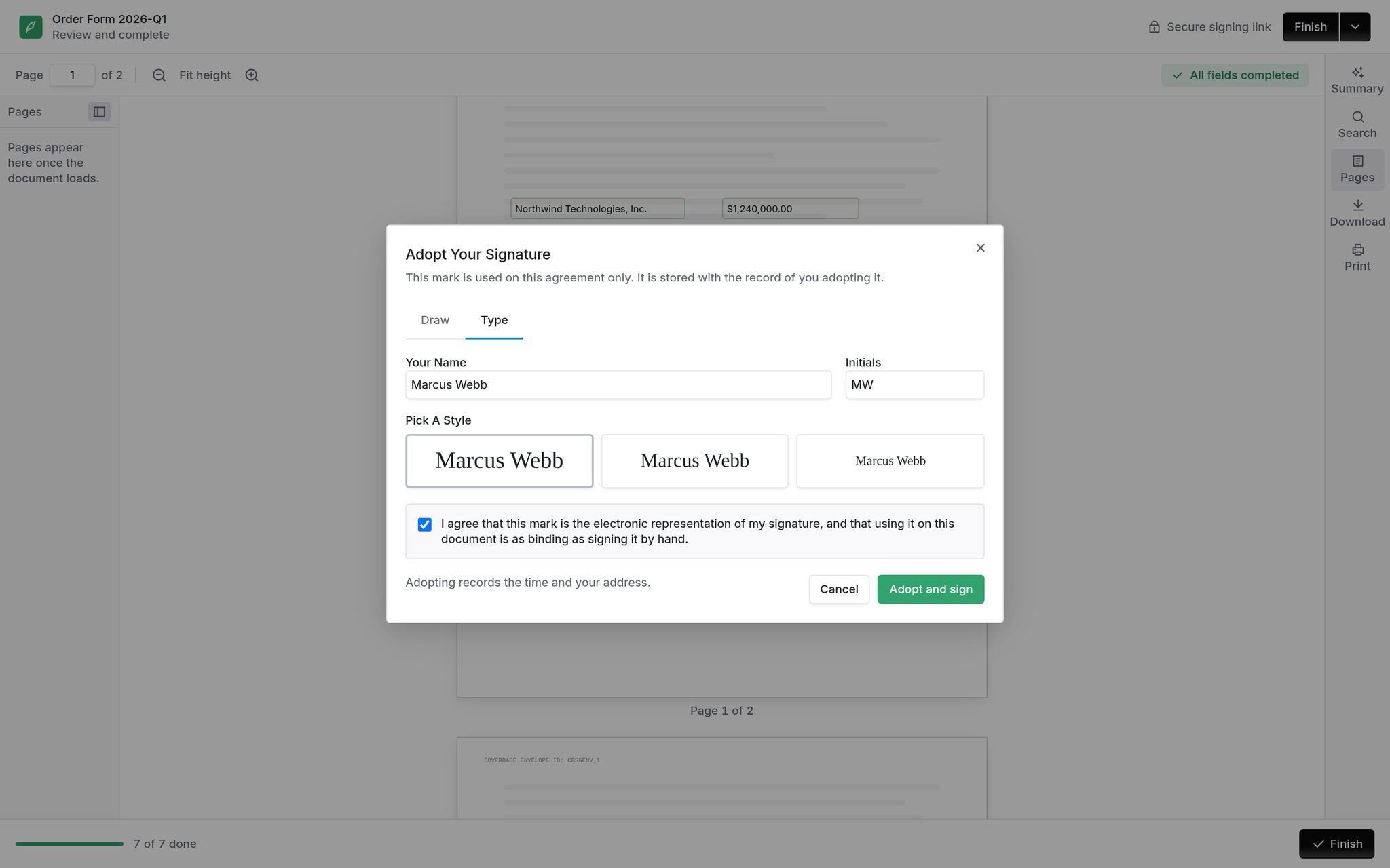 Adopt Your Signature dialog with draw and type tabs, name and initials fields, and a style picker