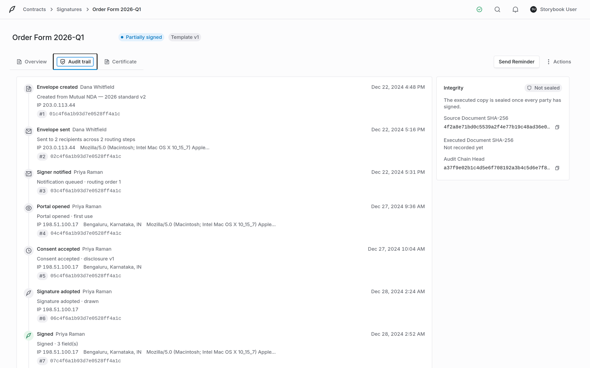 Audit trail showing envelope created, sent, signer notified, portal opened, consent accepted, signature adopted and signed events with IP addresses and hashes