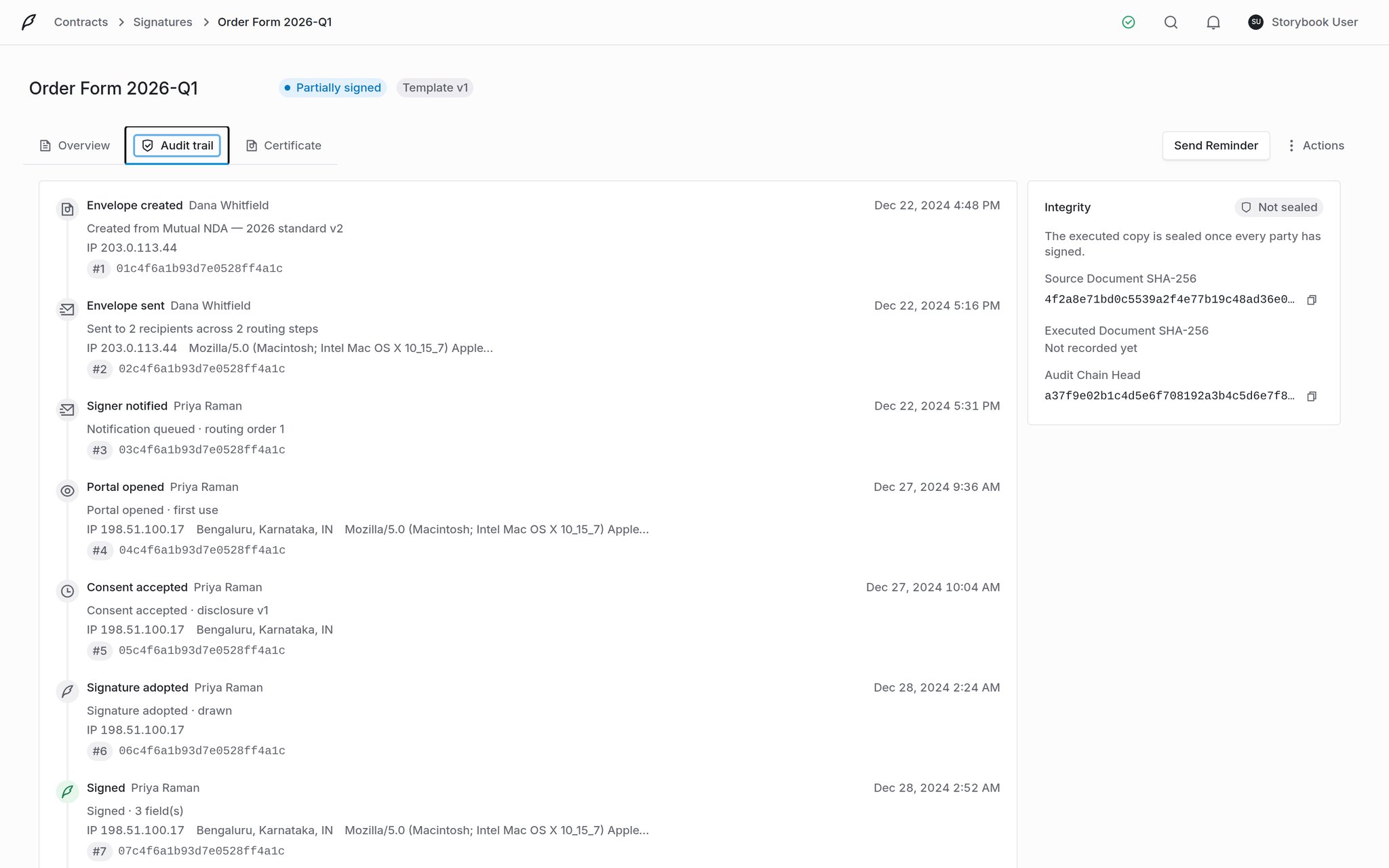 Audit trail showing envelope created, sent, signer notified, portal opened, consent accepted, signature adopted and signed events with IP addresses and hashes