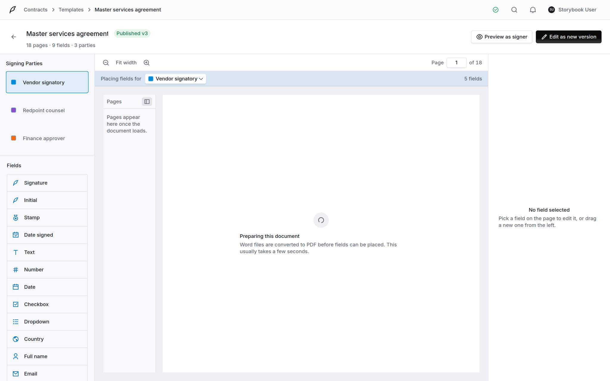 Template builder header showing Edit as new version on a template that envelopes have been sent from