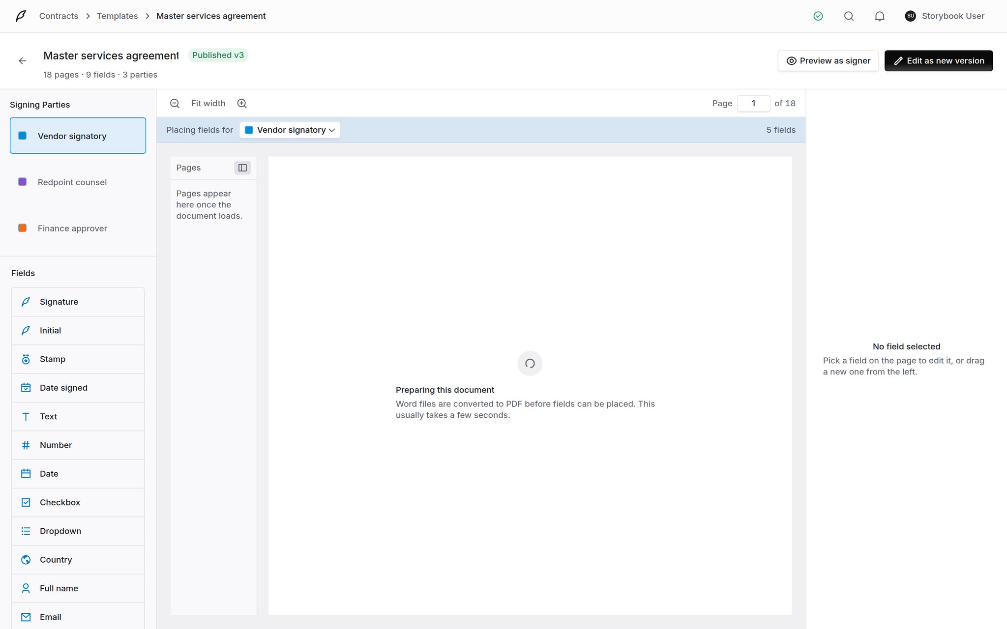 Template builder header showing Edit as new version on a template that envelopes have been sent from