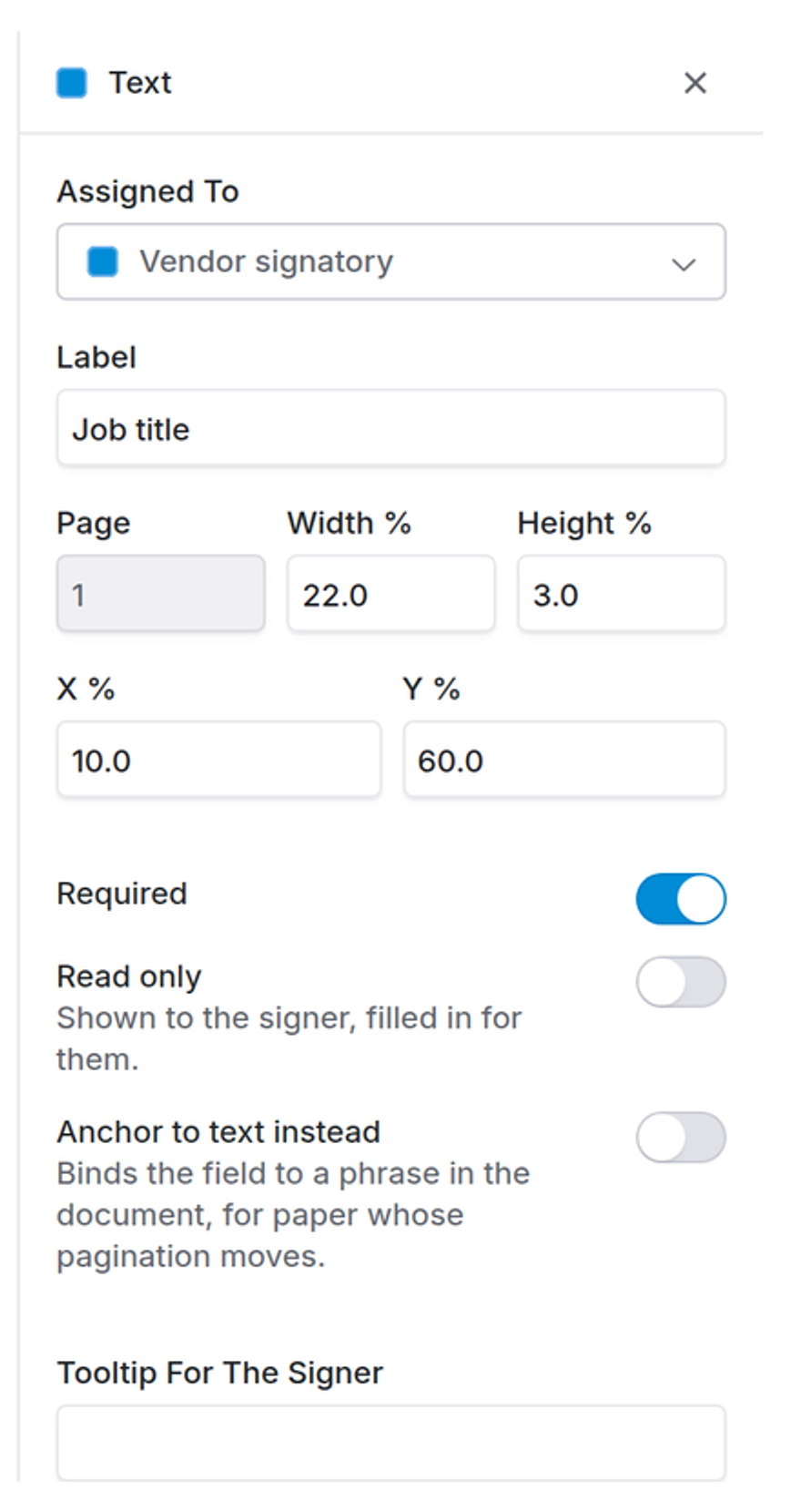 Field inspector panel showing assigned party, label, page and position, required, read only and anchor to text toggles, and a signer tooltip