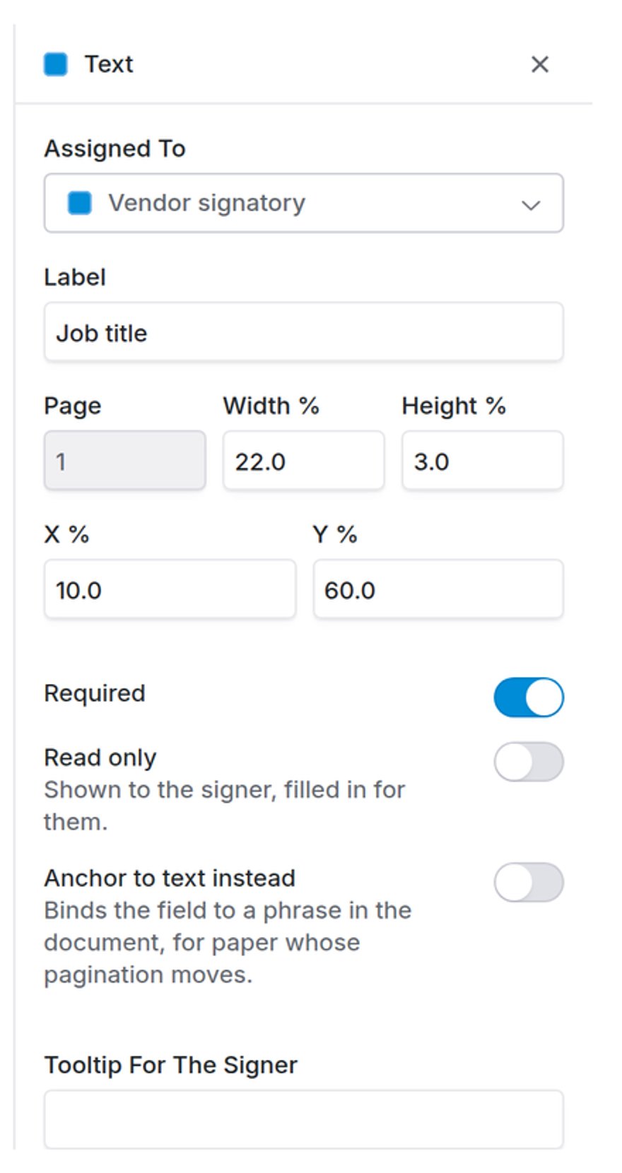 Field inspector panel showing assigned party, label, page and position, required, read only and anchor to text toggles, and a signer tooltip