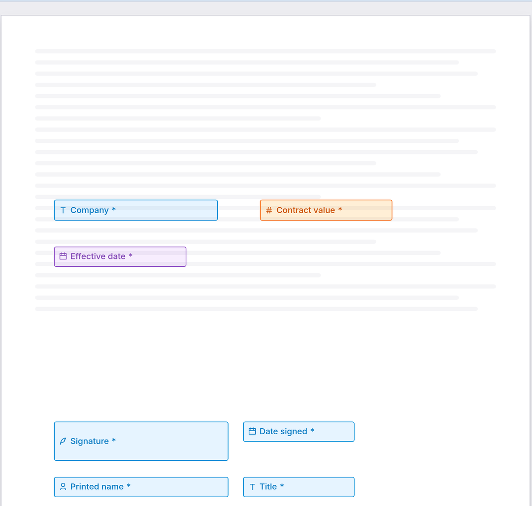 Document canvas with company, contract value, effective date, signature, date signed, printed name and title fields placed in three party colors