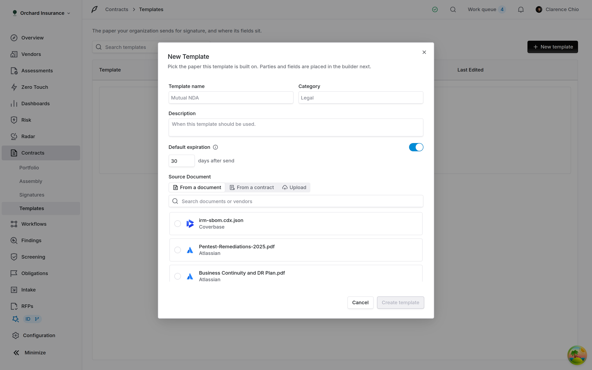New Template dialog with name, category, description, default expiration and source document picker