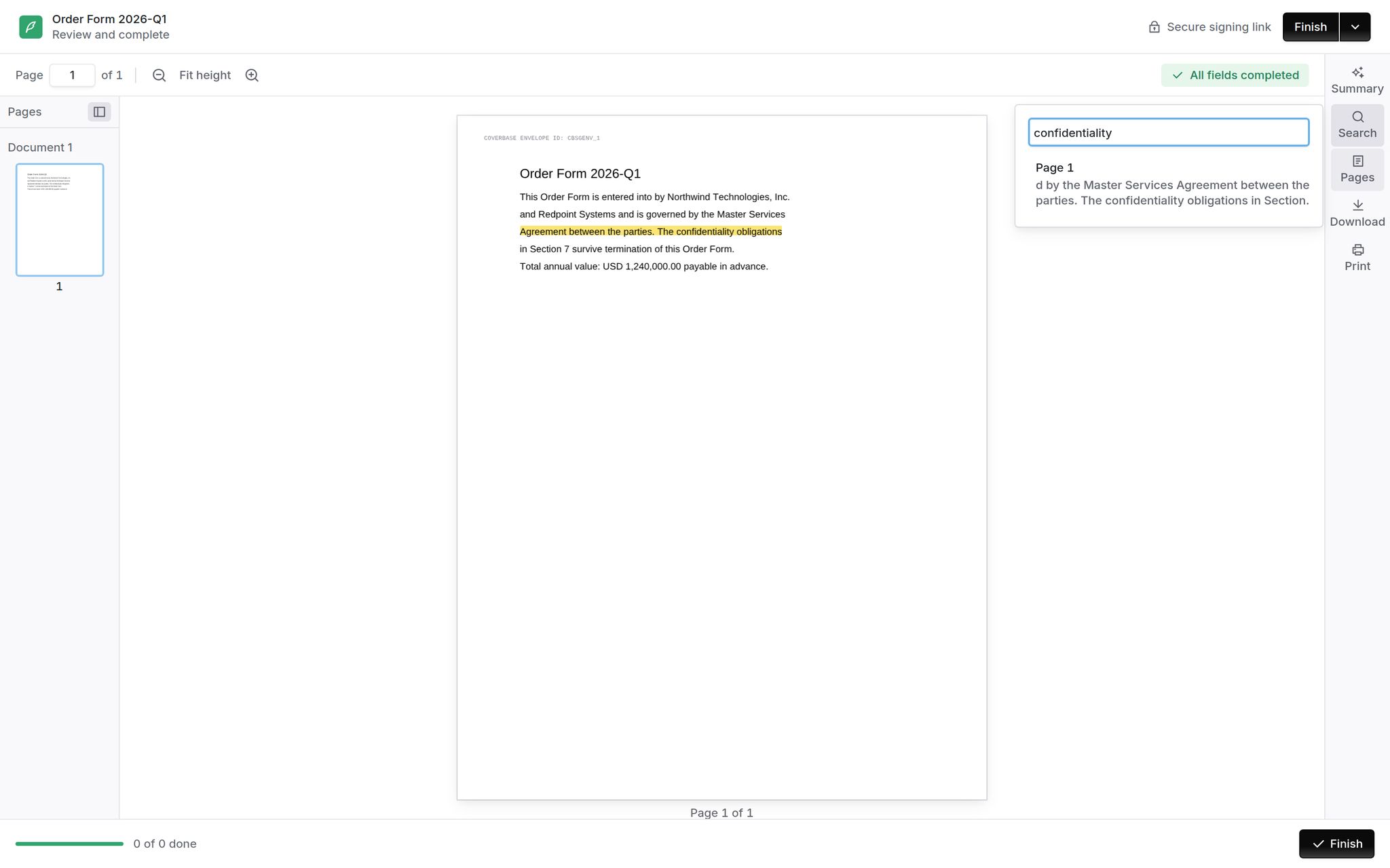 Signing portal with the search panel open, a highlighted phrase on the page and a result listing the page number