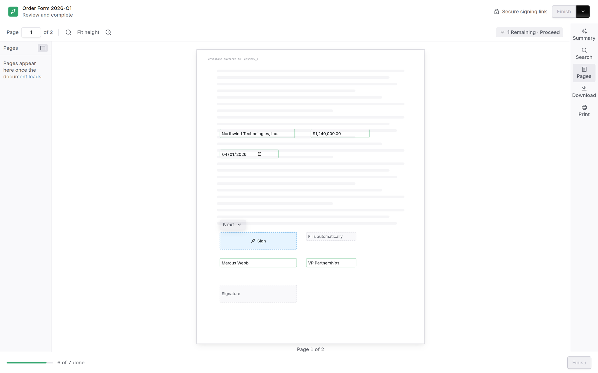 Signing portal showing a document with filled and empty fields, a Next chip, the remaining counter, the right-hand tool rail and a progress bar reading six of seven done