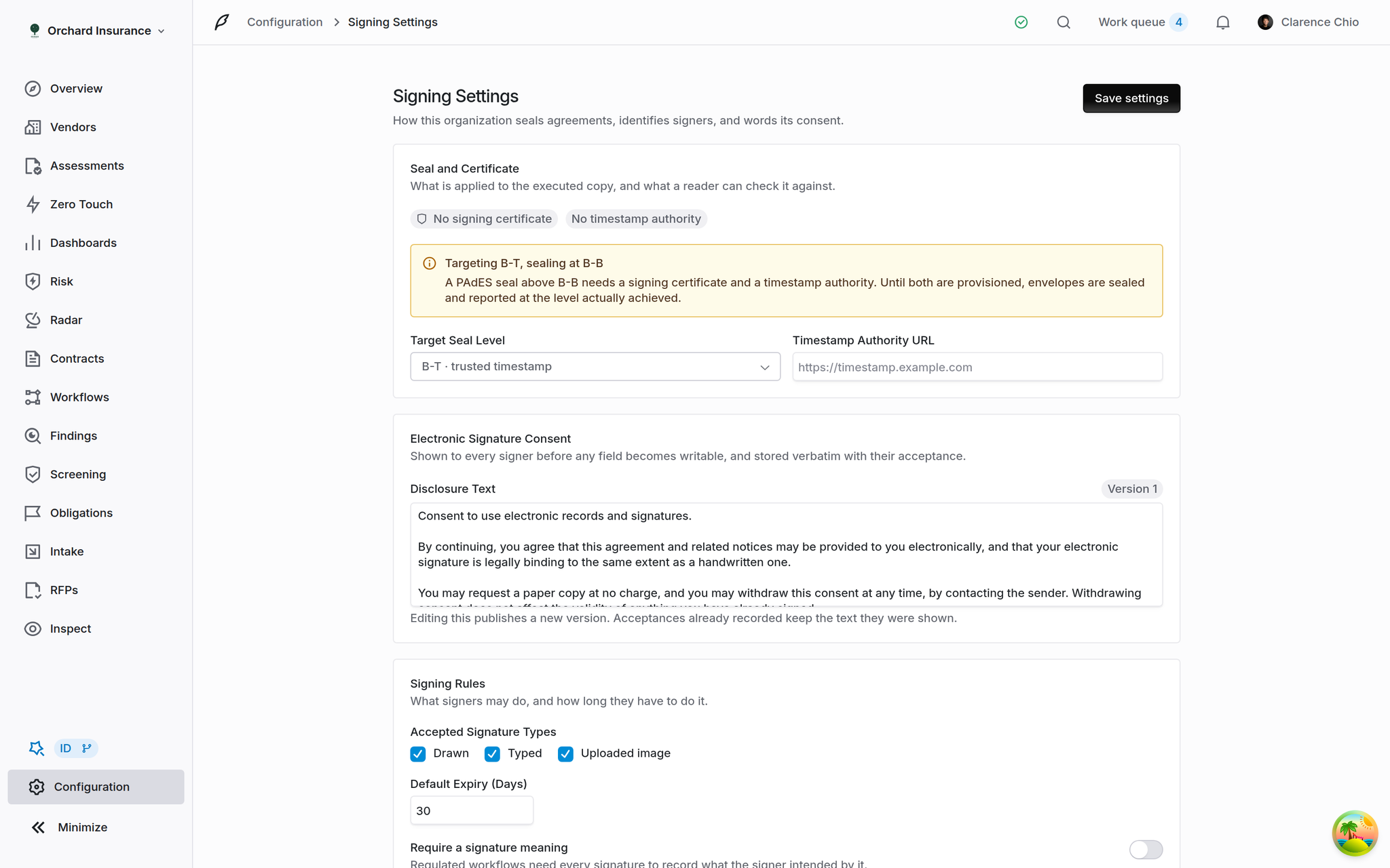 Signing Settings page showing seal and certificate, electronic signature consent, and signing rules sections