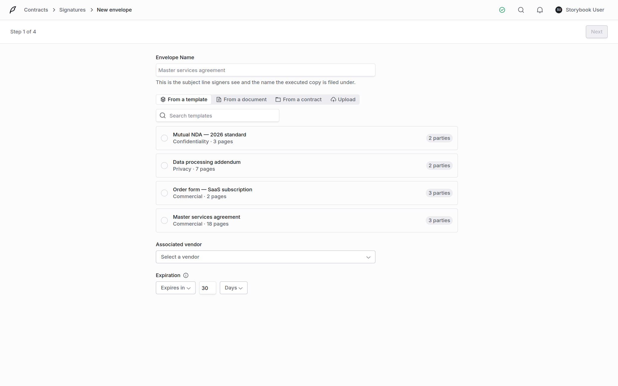 Send wizard step one showing envelope name, template picker, associated vendor and expiration