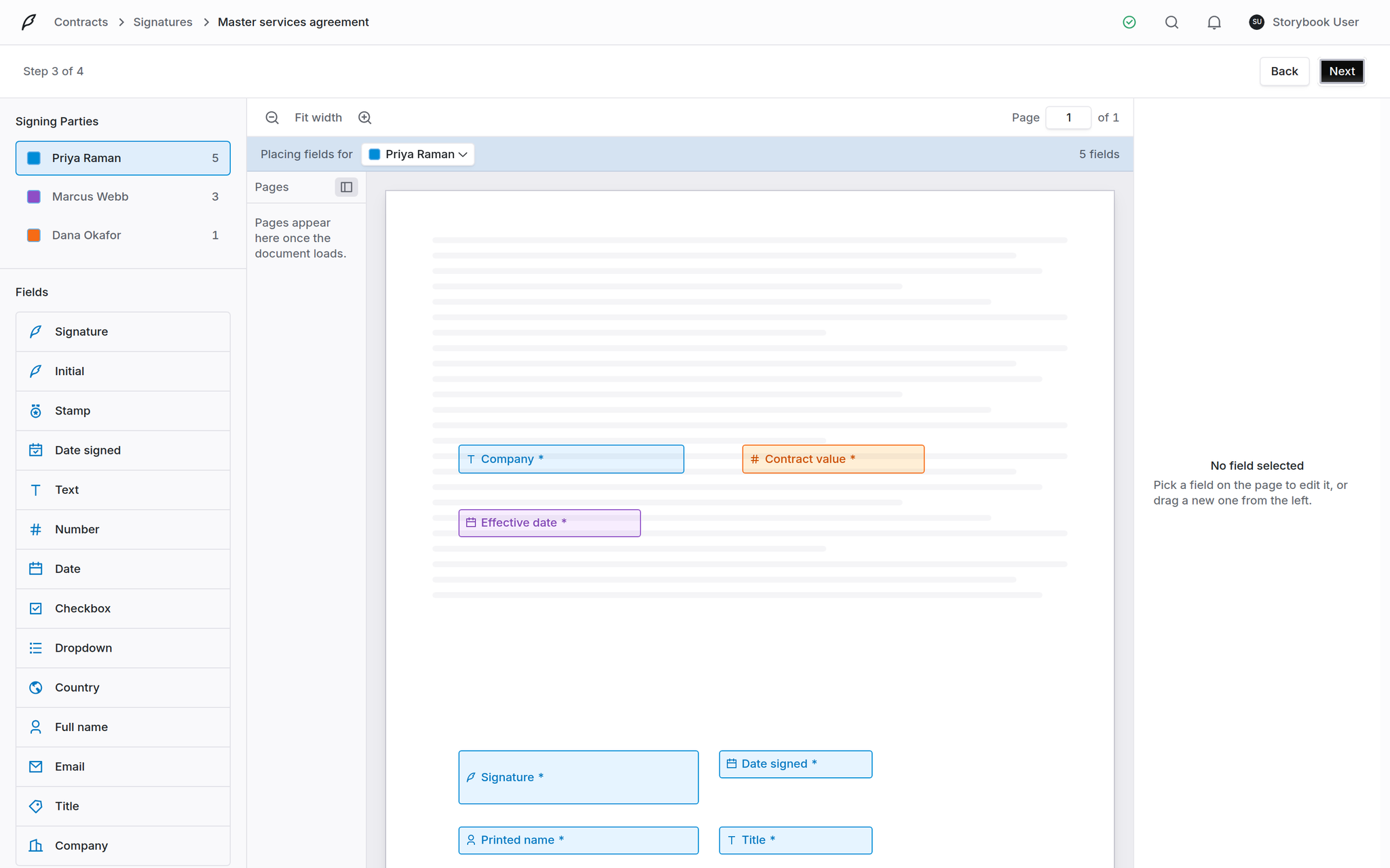 Send wizard fields step with the document canvas and field palette