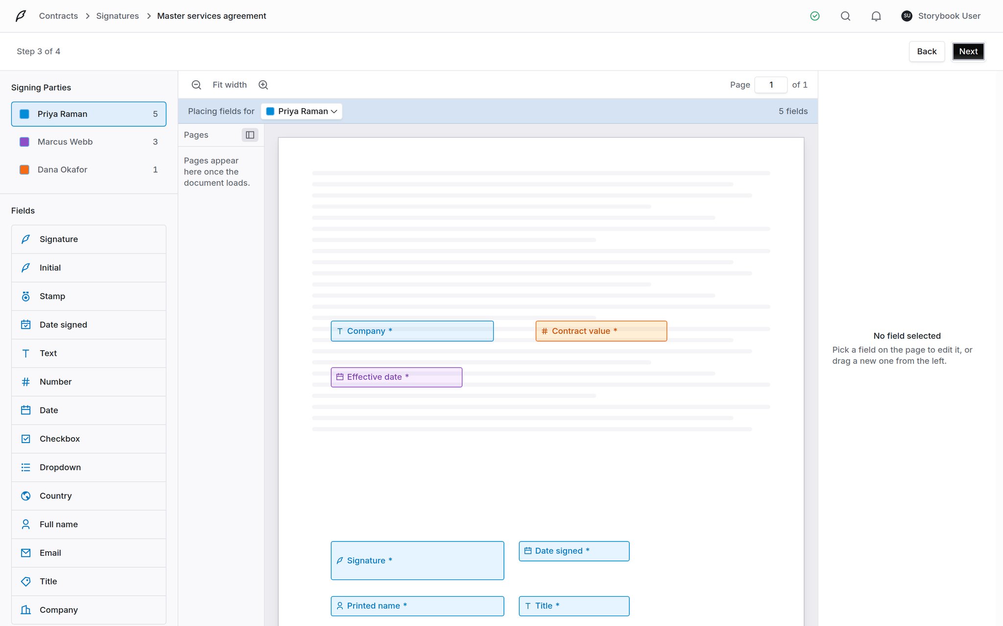 Send wizard fields step with the document canvas and field palette