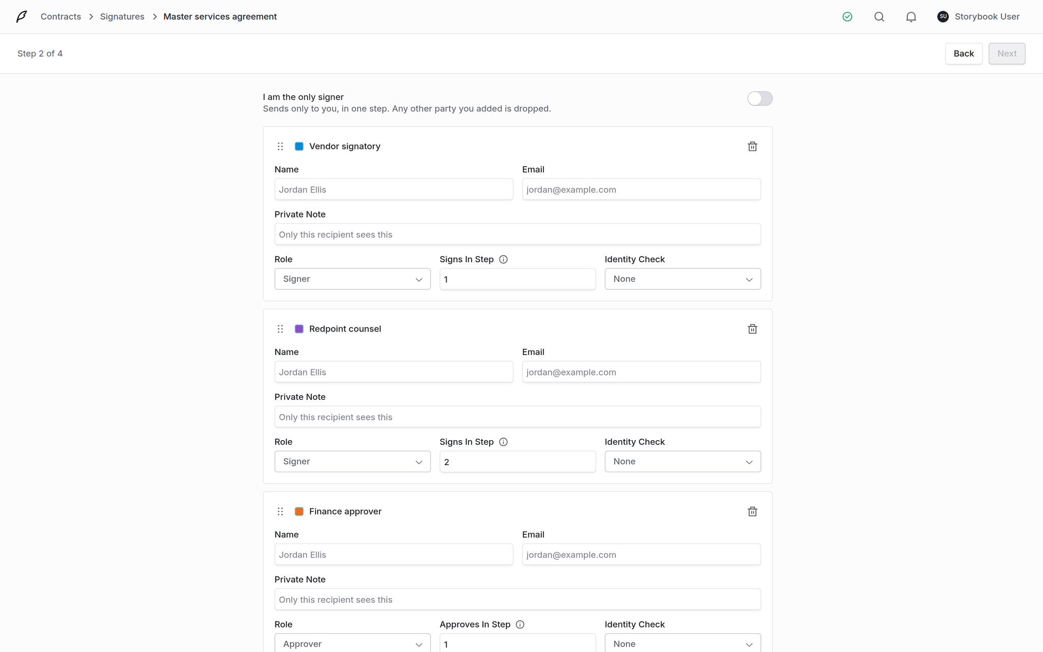 Send wizard recipients step showing name, email, private note, recipient type, signing step and identity check for a party