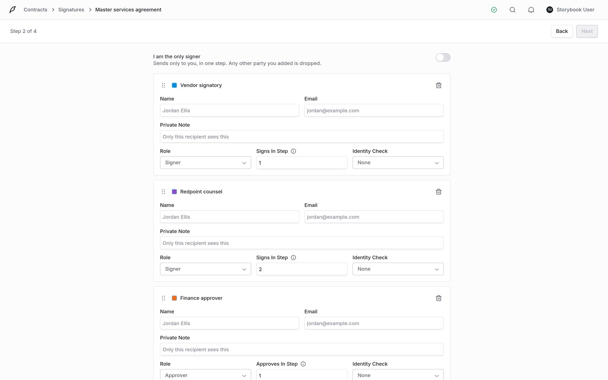 Send wizard recipients step showing name, email, private note, recipient type, signing step and identity check for a party