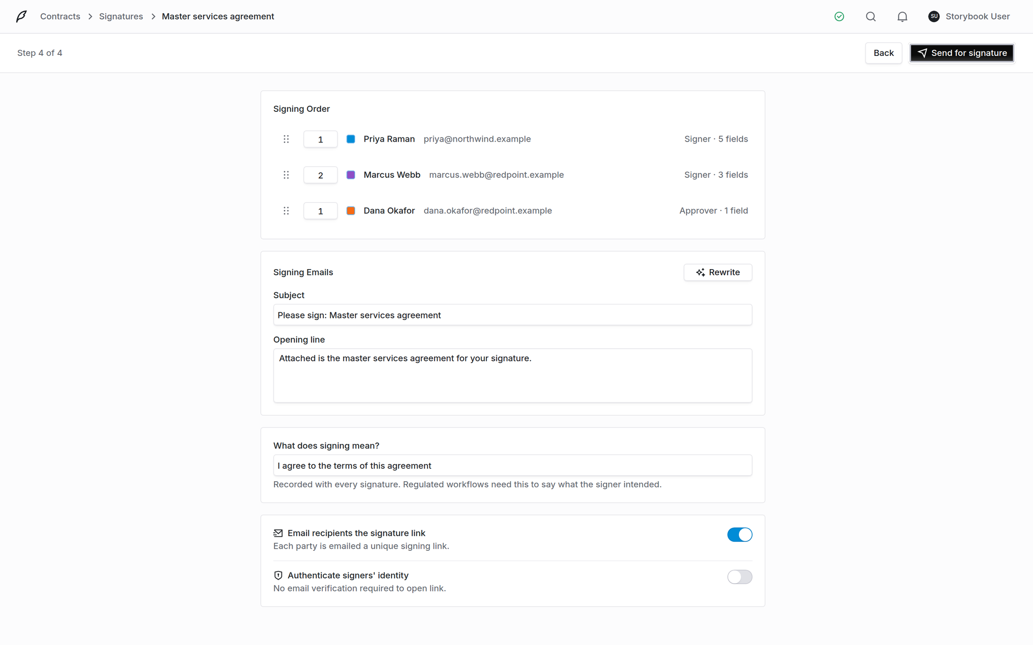 Send wizard review step showing signing order, signing emails, signature meaning and the notify and authenticate toggles